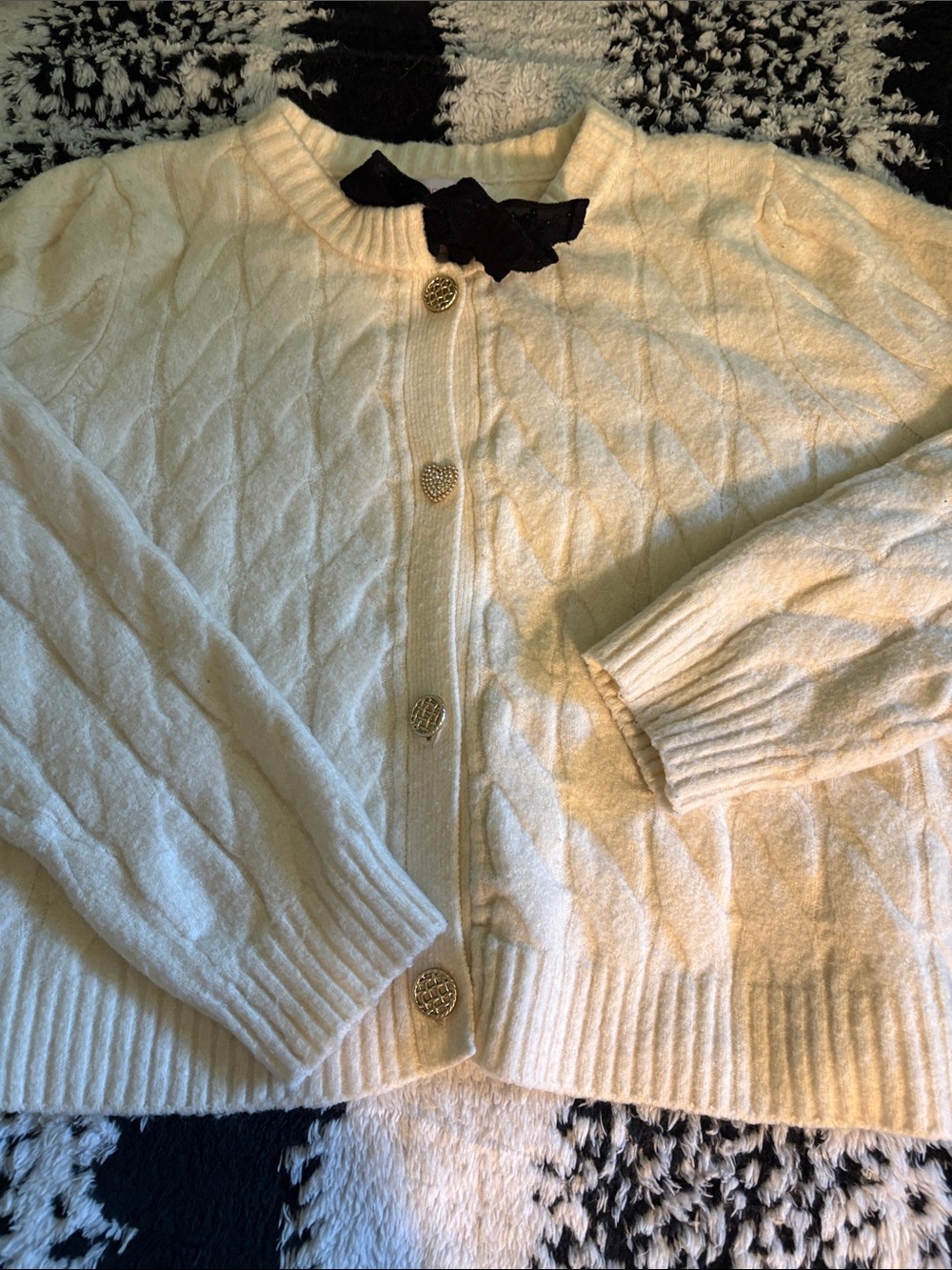 Paris Hilton Cream Cable-Knit Button Cardigan with Black Bow